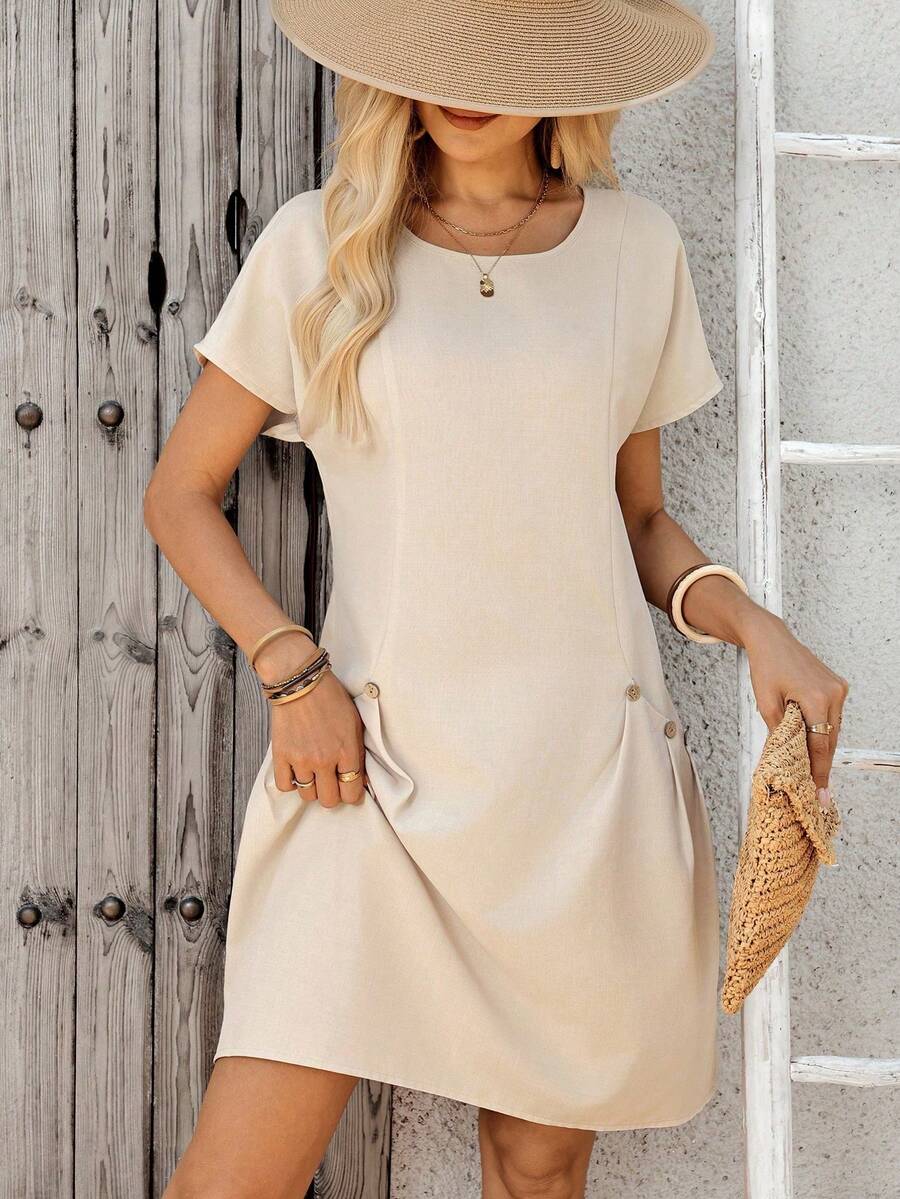 2026 New vestidos casual Vestido casual de verano con media cremallera, botones decorativos y bolsillos dobles, vestidos de colores pastel para mujer - Caqui - Ver 1