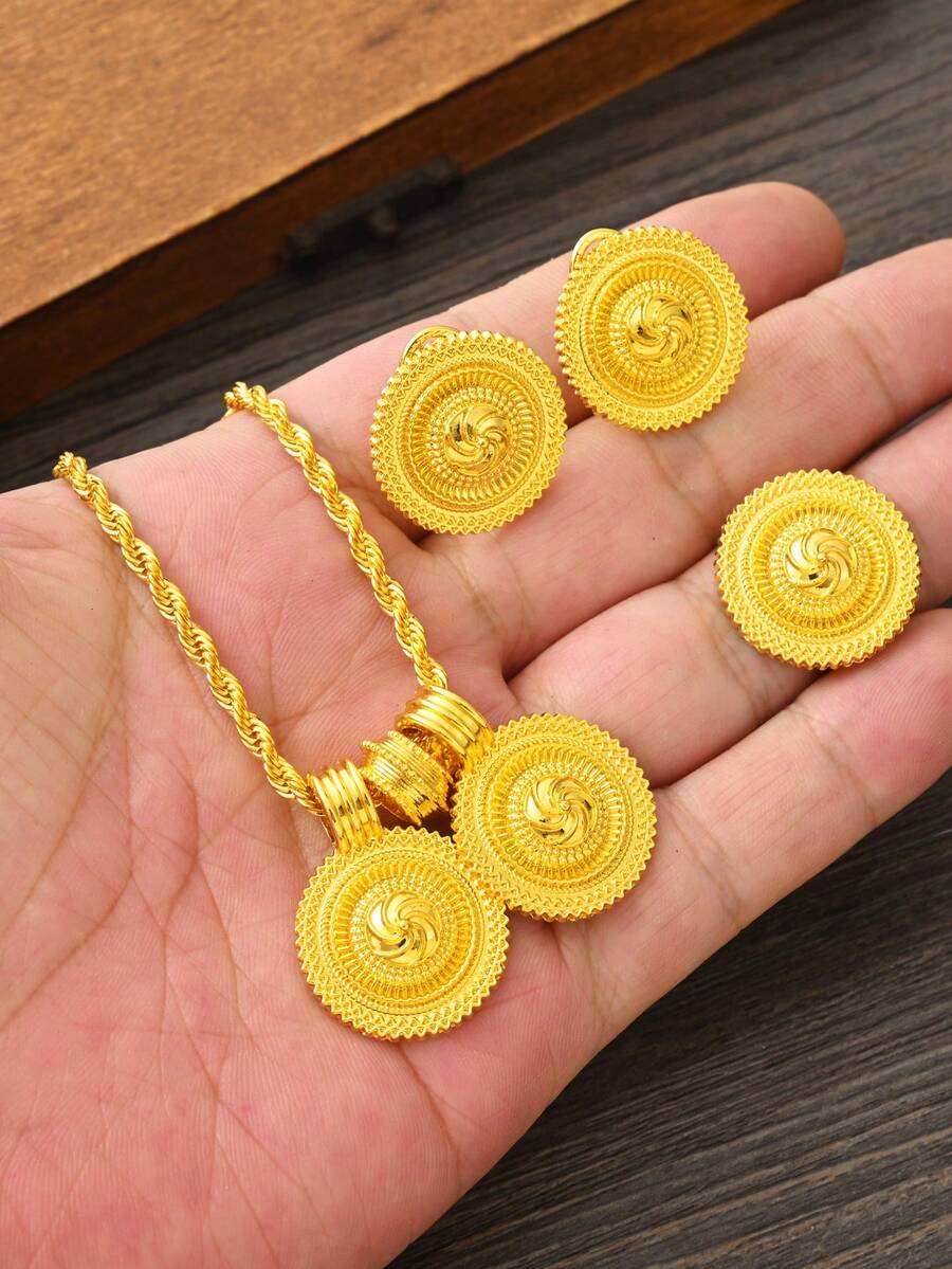 3pcs/Set Classic Minimalist Golden Color Swirl Pattern Jewelry Set, Single/Double Pendant, Earrings, Ring, Necklace Combination, Middle Eastern Daily Fashion Cute Women Girls Jewelry, African Arabic Birthday Party Gathering Wedding Engagement Holiday Accessories Gift - Yellow Gold - View 1