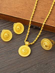 3pcs/Set Classic Minimalist Golden Color Swirl Pattern Jewelry Set, Single/Double Pendant, Earrings, Ring, Necklace Combination, Middle Eastern Daily Fashion Cute Women Girls Jewelry, African Arabic Birthday Party Gathering Wedding Engagement Holiday Accessories Gift - Yellow Gold - View 16