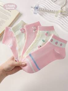 5 pares de calcetines tobilleros para mujer con lindo estampado de fresa, conejo y corazón, cómodos y suaves, absorbentes de sudor y transpirables, adecuados para uso diario, deportes y todas las estaciones - Multicolor - Ver 11