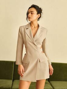 Women's Lapel NeckSlit Waist Flap Pocket Trim Cinched Waist Blazer Dress - Khaki - View 3