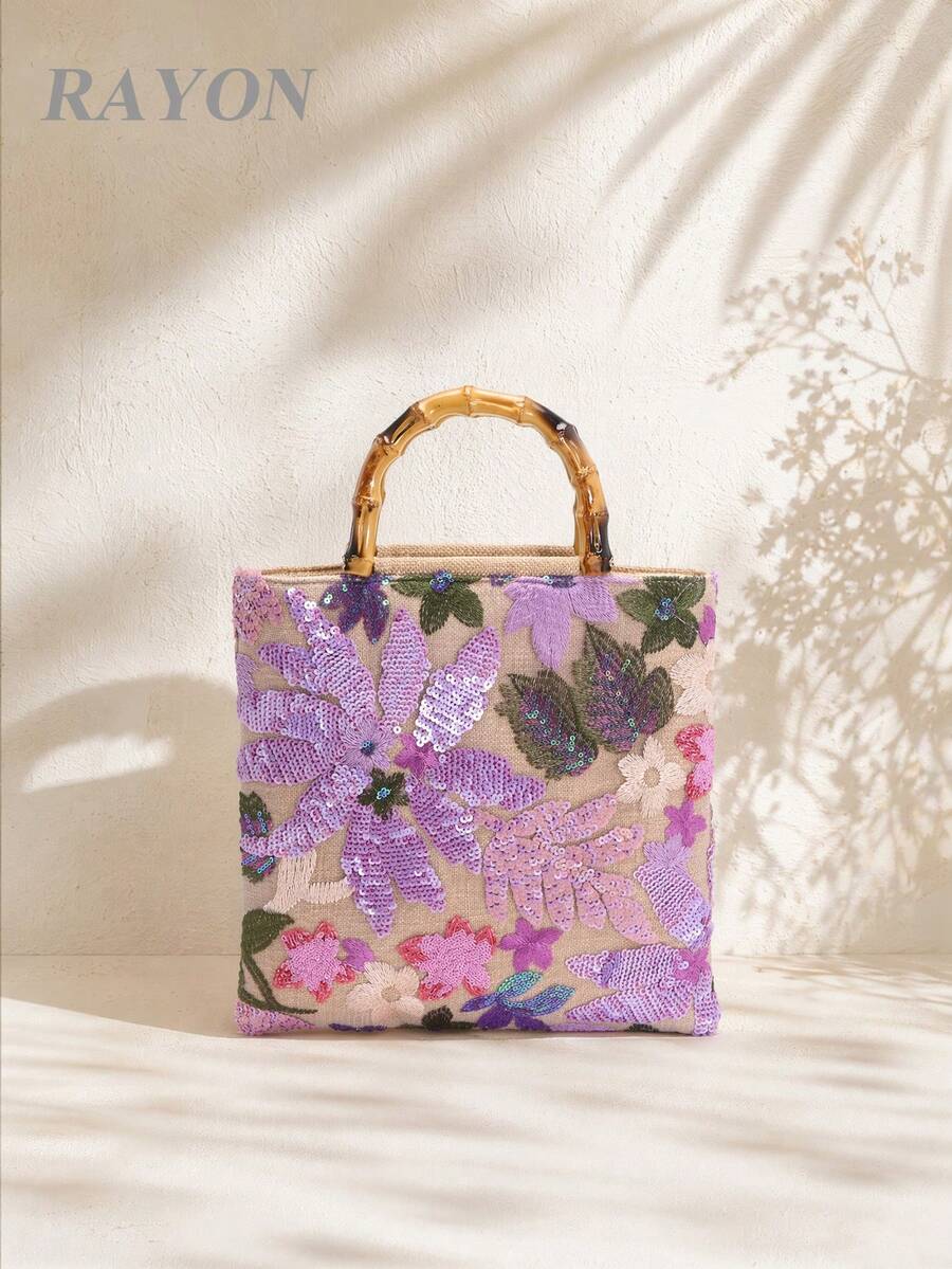 1件淺紫色亮片花卉圖案網格刺繡提花竹節手提包，亞麻底，夏季度假風女款托特包，適合海灘、旅行、休閒、搭配洋裝（花卉圖案隨機裁切） - 淡紫色 - 查看 1