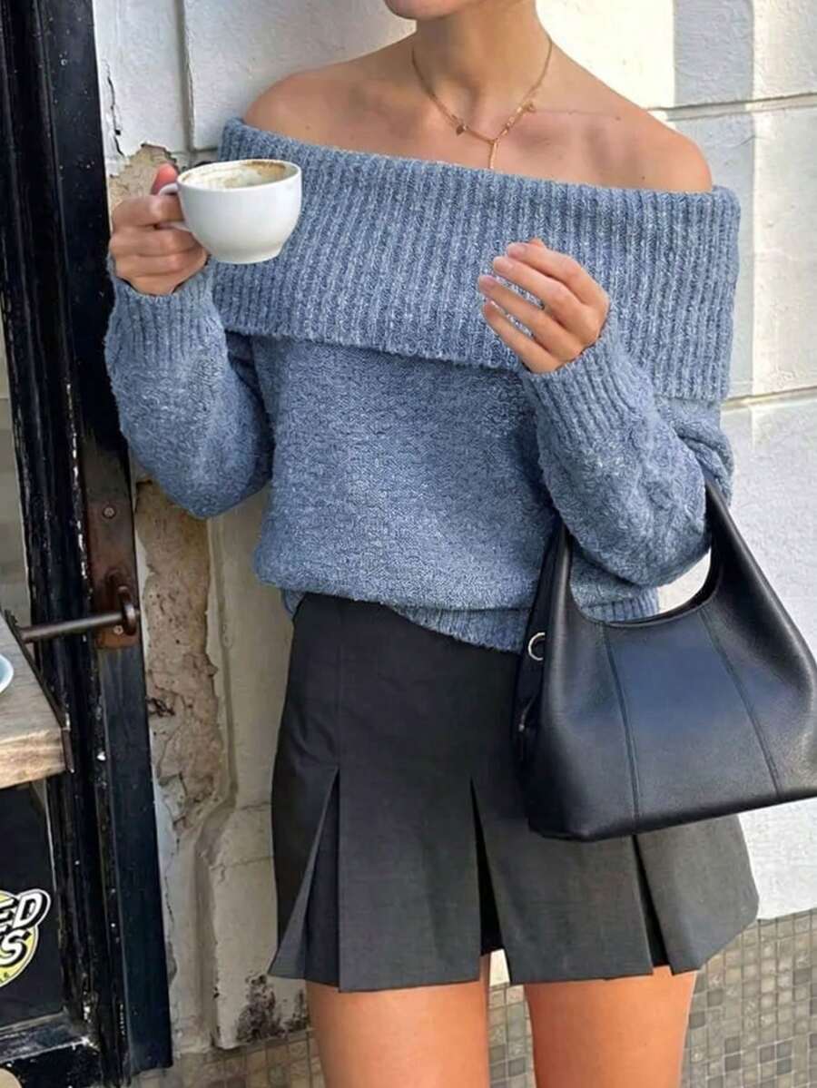 Women's Knitted Sweater, One-Shoulder Folded Wide Ribbed Collar, Loose Long Sleeve, Soft Textured Knit, Autumn/Winter Daily Date Outfit - Dusty Blue - View 1