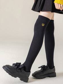 2 Pairs Solid Color Children's Over-The-Knee Socks, Embroidered High-Top Calf Socks - Multicolor - View 2
