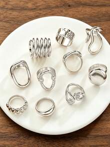 10pcs Minimalist Fashion Elegant Personalized Geometric Pattern Hollow Wide Band Ring Set For Women, Vacation, Party, Date, Casual Daily Wear - Silver - View 3