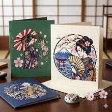 日式藝妓牆面彩繪模板 4入組，經典東方女性藝術模板套裝，可重複使用，適用於手工藝、優雅和服女士持扇傘美學模板，適合創意藝術項目、布料、畫布、瓷磚、剪貼簿及居家裝飾 - 套裝 - 查看 4