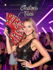 Customized Photo Print Handheld Fan - Personalized Glitter Bamboo Folding Fan. Fun Accessory For Birthday And Bachelorette Parties - Multicolor - View 3