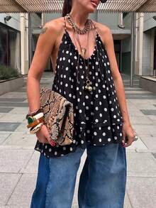 Women's Summer Cool Solid Color Daily Spaghetti Strap Short Bohemian Beach Style Deep V Backless Tie Loose Slimming Flowy Ruffle Hem Tank Vacation - Black and White - View 2