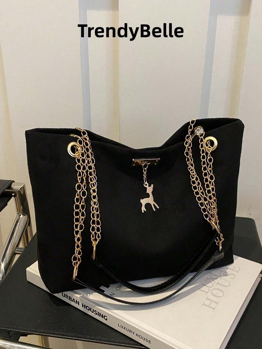 1pc Polyester Deer Pattern Decorative Large Capacity Zipper Shoulder Tote Bag, Suitable For Women's Daily Use
