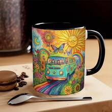 [Envío en 24 horas desde México]1 Taza de Café de Cerámica Estilo Retro Hippie - Diseño Impreso en Ambos Lados con Sol, Luna y Flores Vibrantes - Regalo Creativo para Cumpleaños, Pascua, Día de San Valentín, Accesorios para Cafetería - Imagen 1 pieza - Ver 7