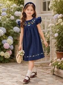 Đầm hè màu xanh hải quân thêu jacquard cho bé gái, đầm tay ngắn dáng chữ A thêu hoa, kiểu dáng ngọt ngào cổ điển, thích hợp mặc hàng ngày, đi học hoặc đi chơi. - Màu xanh hải quân - Xem 3