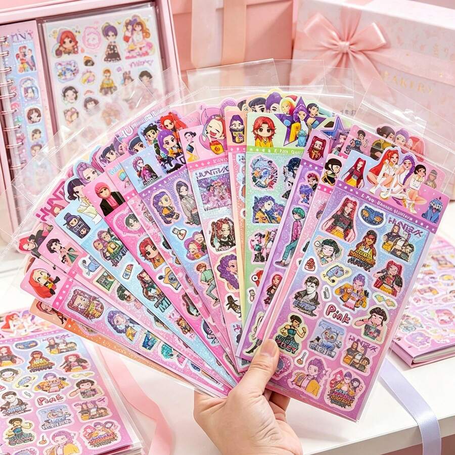 6入 K-Pop DemonHunters 雷射亮片貼紙,可愛動漫女團裝飾貼紙,適用於手帳、剪貼簿 DIY 手作 - 彩色 - 查看 1
