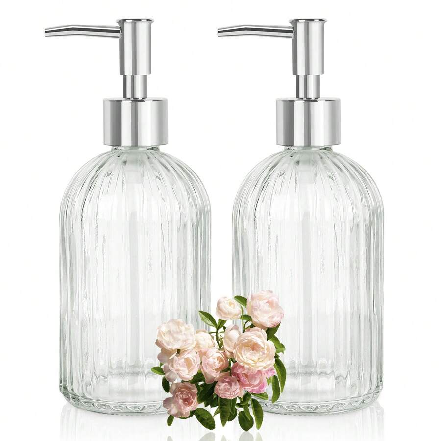 2-Pack Glass Soap Dispenser - 400ml UV Protection Refillable Bottles With Black Rust-Proof Pump For Hand Soap, Lotion, Oil, Kitchen & Bathroom Essentials - trong suốt - Xem 1