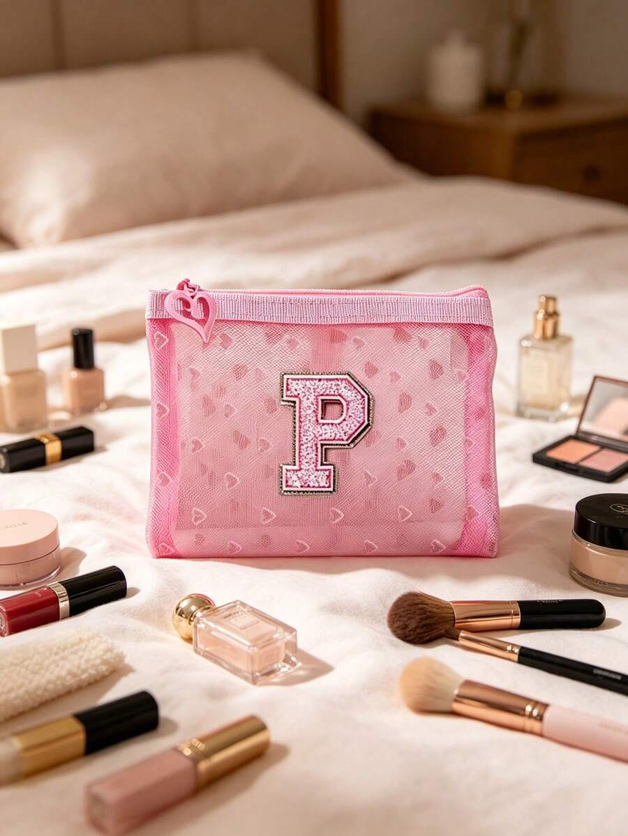 Pink Heart Mesh Letter Embroidery Storage Pouch, Printed Zipper Small Clutch, Lightweight Breathable Portable Makeup Bag, Can Store Pills, Cold Medicine, Common Medicines, Also Store Earrings, Coins, Beauty Tools, Suitable For Daily Commute, Short Trips, Outdoor Outings, Home Storage, Suitable For Girls, Moms, Students, Business Travelers, Birthday, Back To School, Vacation Gifts, Mini Sundries Storage Bag, Portable Makeup Pouch - Multicolor - View 1