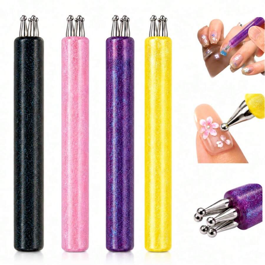 LANDOT 1件組 5合1美甲點花工具組，美甲刷、多頭點花筆、波點美甲點花筆，多色可選，花瓣圖案DIY美甲工具，亮粉手柄美甲點花工具，適用於DIY美甲、水鑽貼飾、美甲雕刻、美甲沙龍