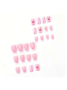 24pcs Rectangular Minimalist Sweet French Style White 3D Embossed Floral Acrylic Press-On Nails, Cute Gel Nail Art Set Including Jelly Glue And Nail File, Suitable For Women's Daily, Date And Party Use - Multicolor - View 2