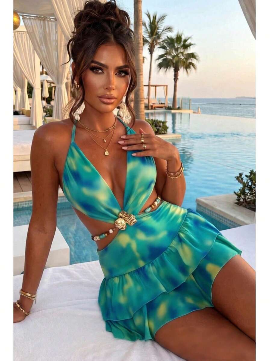 AIJ Amarilo 女款性感紮染掛脖無袖露背荷葉邊短洋裝 優雅修身貼身派對風穿搭 - 適合夏季、春季、婚禮賓客、畢業典禮及度假 - 藍綠色 - 查看 1