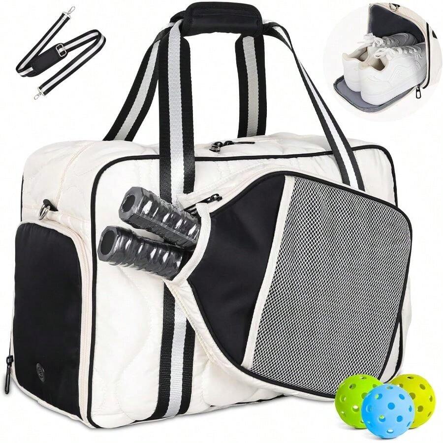 Pickleball Bag Women With Paddle Pocket-Fits 2 Paddles, Puffer Pickleball Tote With Shoe Compartment Fence Hook - Black & White - View 1