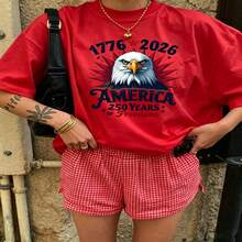 Heartfelt Daily Casual Graphic T-Shirt 100% Cotton Oversized Soft Breathable Casual Crewneck Short Sleeve Top Vintage Aesthetic Red White Checkered Shorts Patriotic Eagle Design For Casual Wearers Fashion Lovers Daily Outfit Enthusiasts Gift Givers - 紅色 - 查看 18