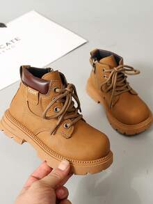 Kids Round Toe Retro Cargo Style Style Thick Sole Ankle Boots - Brown - View 1