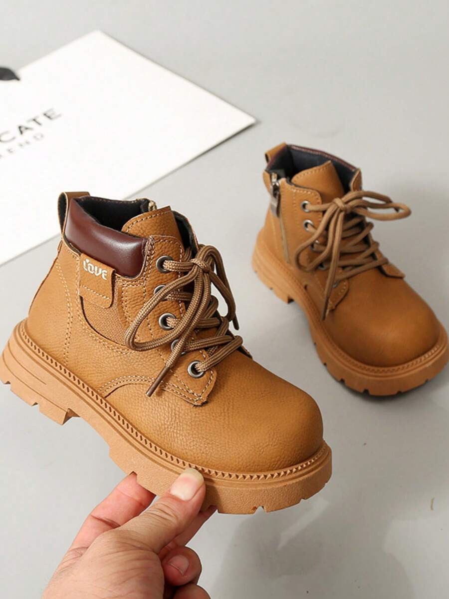 Kids Round Toe Retro Cargo Style Style Thick Sole Ankle Boots - Brown - View 1