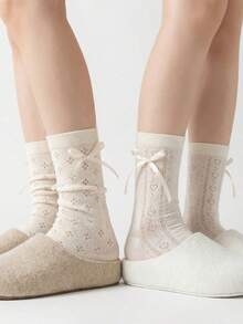 1/2 pares de calcetines de tobillo de unicolor para mujer, con volantes románticos de encaje y patrón de corazón, diseño de malla hueca, adecuados para la escuela, fiestas y uso diario - Multicolor - Ver 3