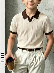 Áo len dệt kim cổ polo cổ chữ V tay ngắn cho bé trai, bo tay tương phản, chất liệu nhẹ, họa tiết rỗng, phù hợp mùa xuân và mùa hè - Màu be - Xem 7