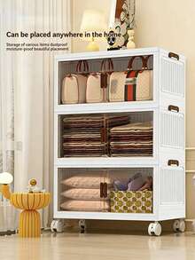 Armario de almacenamiento extragrande de 43 cm con puertas y ruedas, caja plegable impermeable para guardar objetos pequeños, documentos, juguetes y aperitivos en el dormitorio, armarios de varios niveles con cajones de plástico para almacenamiento. - Blanco - Ver 6