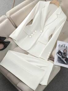 Women's Fashion Daily Commute Elegant White Suit Set (Gold Buttons) All Season New Workplace Two Pieces Set - White - View 1