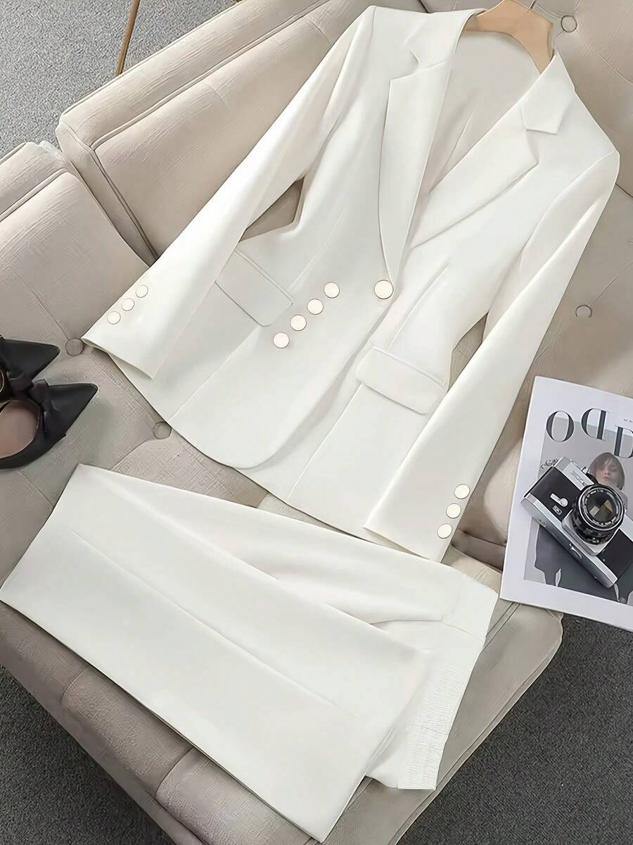Women's Fashion Daily Commute Elegant White Suit Set (Gold Buttons) All Season New Workplace Two Pieces Set - White - View 1
