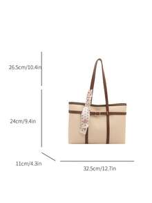 Bolso tote de hombro de gran capacidad con bufanda gratis, color liso, estilo casual de moda para uso diario, bolso de mano de PU con patchwork de bloques de color - Beis - Ver 8