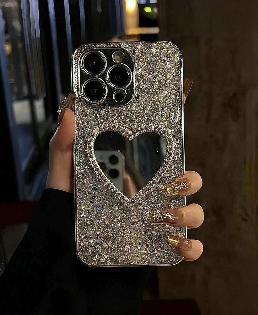 Glitter Heart Mirror Phone Case, Mirror Phone Case That Can Be Used For Makeup Touch-, Compatible With IPhone 15/15Pro/15Plus/15Promax - Bạc - Xem 1