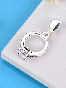 RADIVIDE 1pc 925 Sterling Silver Single Diamond Engagement Ring Pendant, Single Clear Cubic Zirconia Wedding Ring Pendant Bead, Suitable For European Style Bracelet, Romantic - Silver - View 3