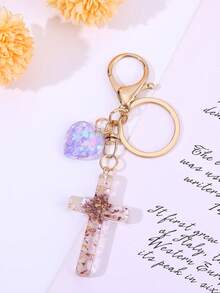 Dried Flower Resin Cross Keychain, Sparkling Heart Pendant Bag Charm, Natural Pressed Flower Cross Keychain, Religious Faith Heart Wallet Accessory - Multicolor - View 5