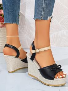 Sandalias de plataforma con cuña y hebilla de unicolor estilo retro para mujer de talla grande - Negro - Ver 4