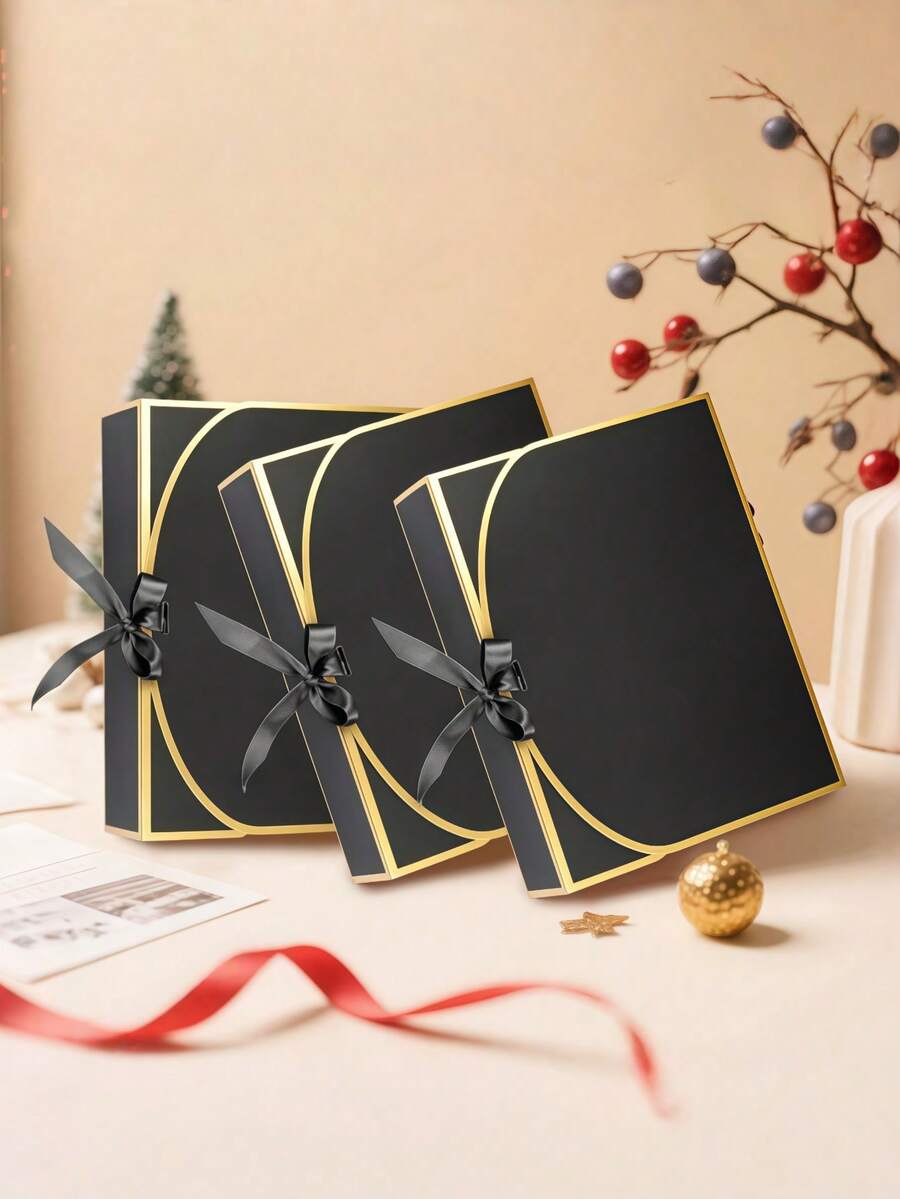 1/5/10PCS Black And Gold Lid Gift Boxes With Ribbon Tie Elegant Decorative Sturdy Cardboard Present Favor Storage Container Box Set For Wedding Birthday Valentine Day Anniversary Party Celebration Home Decor Craft - Black Gold - View 1