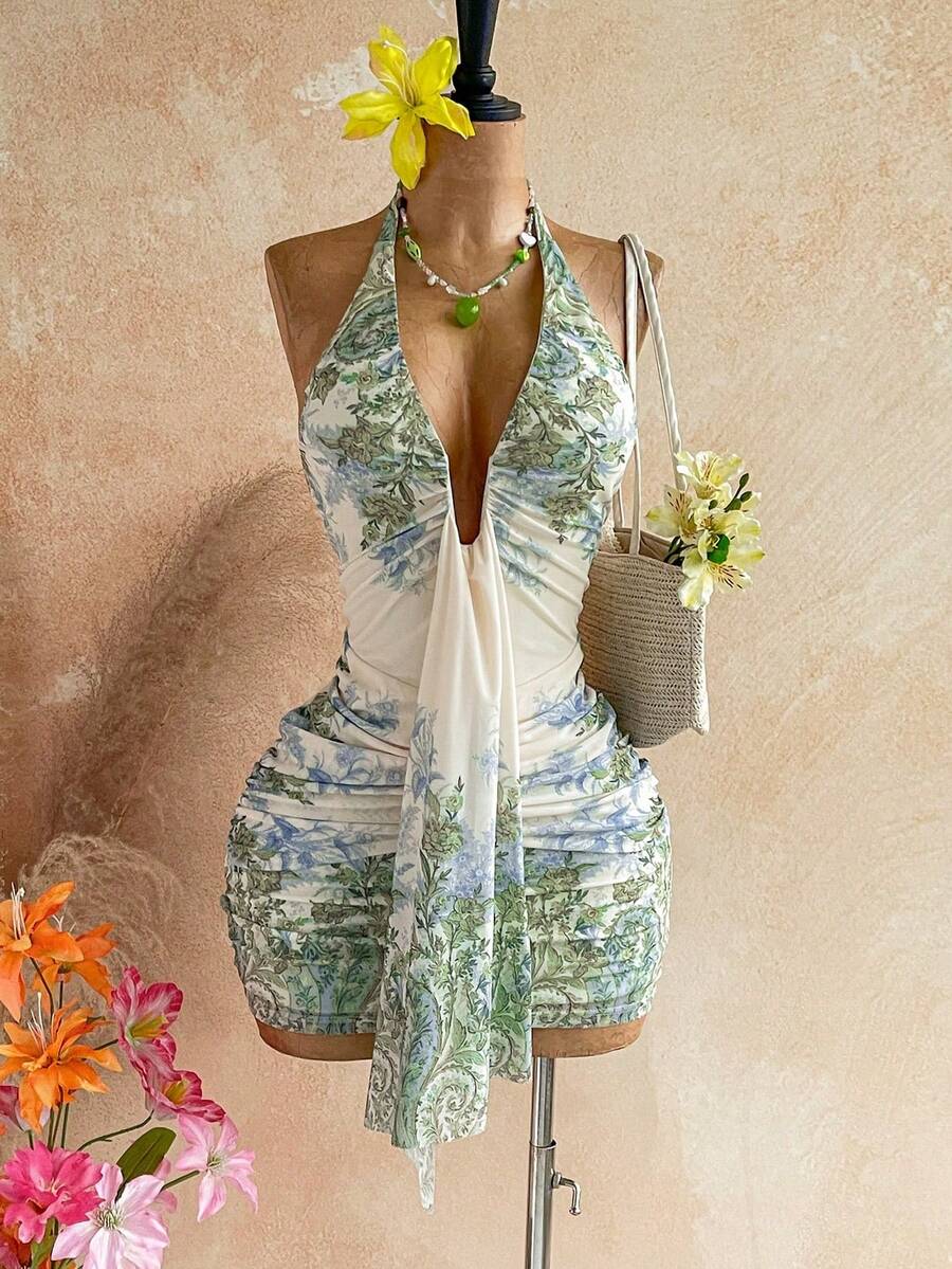 Vestido mini con estampado floral, diseño de lazo y escote halter, para vacaciones - Multicolor 2 - Ver 1