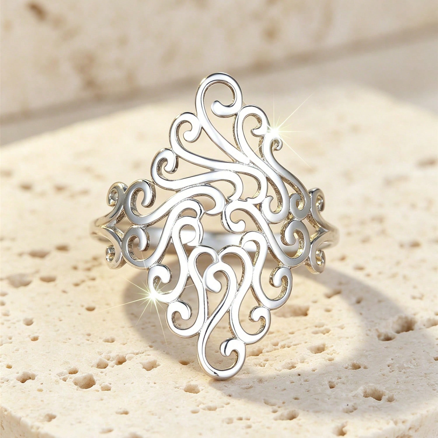 Anillo de plata de ley 925 vintage con patrón floral hueco, anillo de estilo bohemio para damas, regalo para fiesta/citas
