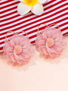 1 Pair Heart-Shaped Sweet Lace Fabric Floral Earrings, Suitable For Women's Beach Vacation/Date Wear - Multicolor - View 4
