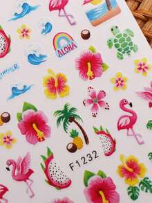 3 Sheets Tropical Flamingo Beach Ocean Nail Art Stickers, Colorful Summer 3D Self-Adhesive Nail Artist Supplies, Hawaiian Floral Turtle Cartoon Animal Music Festival Pool Party Island Vacation Nail Decorations - Multicolor - View 8