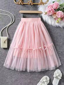 Mid-Length Pink Ballet Girl Tulle Skirt With Bow Decor And Layered Fluffy Mesh, Suitable For Party, Performance And Casual Outings In Summer - Pink - View 1