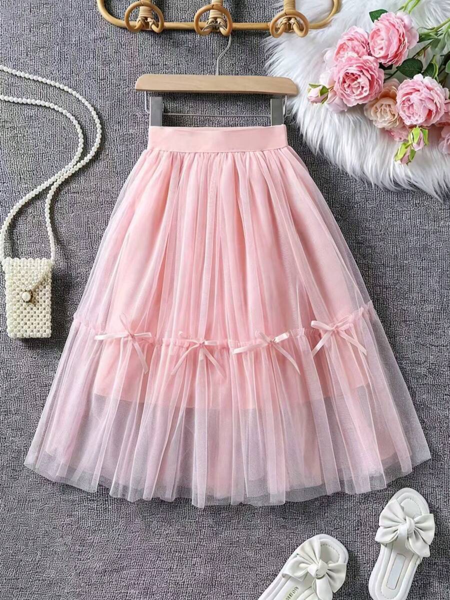 Mid-Length Pink Ballet Girl Tulle Skirt With Bow Decor And Layered Fluffy Mesh, Suitable For Party, Performance And Casual Outings In Summer - Pink - View 1
