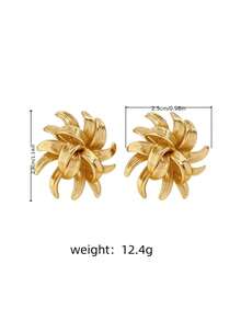 1 Pair Carved Floral Stainless Steel Gold Stud Earrings | Lightweight Floral Earrings Elegant Gold Flower Studs | 2D 3D Petal Banquet Jewelry Wedding Party & Daily Wear - Gold - View 5