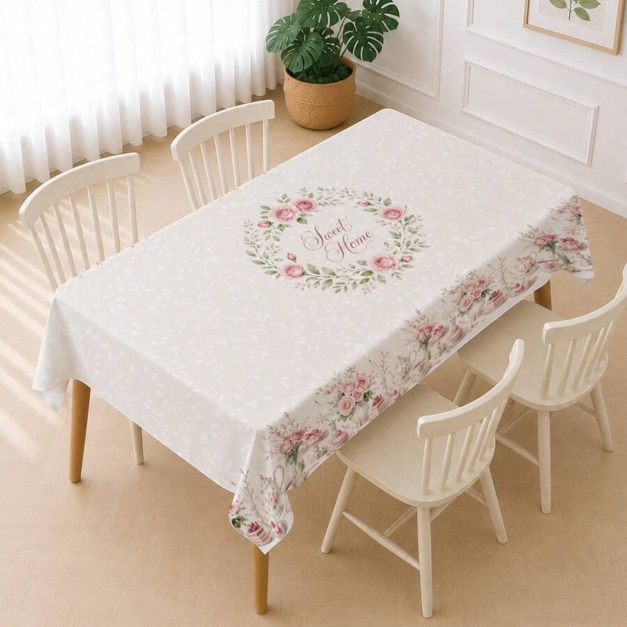 1pc Minimalist Daily French Romantic Floral Pattern Tablecloth, Waterproof And Stain-Resistant Dining Table Decor Cloth, Suitable For Kitchen, Dining Table, Coffee Table, TV Cabinet, Entryway, Party Holiday Decoration, Home Decor - Multicolor - View 1