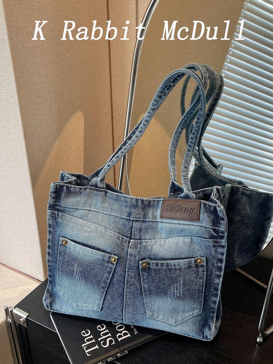Tas Tote Bahu Jeans Washed Kasual Chic Terbaru, Desain Niche, Tas Tangan Jalanan Modis, Cocok Untuk Berbelanja dan Berkomuter, Sempurna Untuk Gadis Pecinta Gaya Koboi