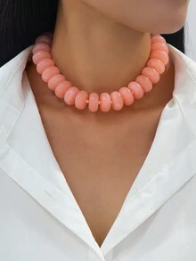 1件時尚多巴胺彩色誇張扁平珠波希米亞風格串珠項鍊 女款，海灘與海邊度假適用 - 桃色 - 查看 1