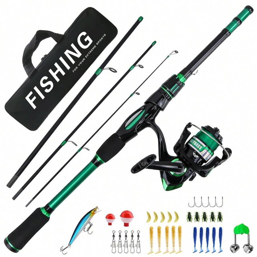 KecchKrezing Green Lure Fishing Rod And Reel Set, Straight Handle Telescopic Fishing Rod With Pre-Spooled Spinning Reel, Includes Accessory Box And Storage Bag, Complete Gear, Ready To Use, Beginner-Friendly, Suitable For Outdoor Activities And Holiday Gifts