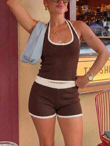 Conjunto de 2 piezas de punto color camello estilo Y2K para primavera/verano, top corto con cuello halter & shorts de cintura alta ajustados a la cadera, adecuado para citas & uso diario - Café rojo - Ver 4