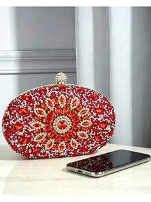 Oval Hard Shell Clutch Bag, Floral Bloom Pattern, Rhinestone Clasp, Detachable Chain Shoulder Strap, Handheld/Crossbody, Suitable For Women's Wedding Party Banquet - Red - View 7