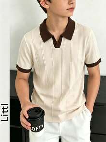 Áo len dệt kim cổ polo cổ chữ V tay ngắn cho bé trai, bo tay tương phản, chất liệu nhẹ, họa tiết rỗng, phù hợp mùa xuân và mùa hè - Màu be - Xem 6